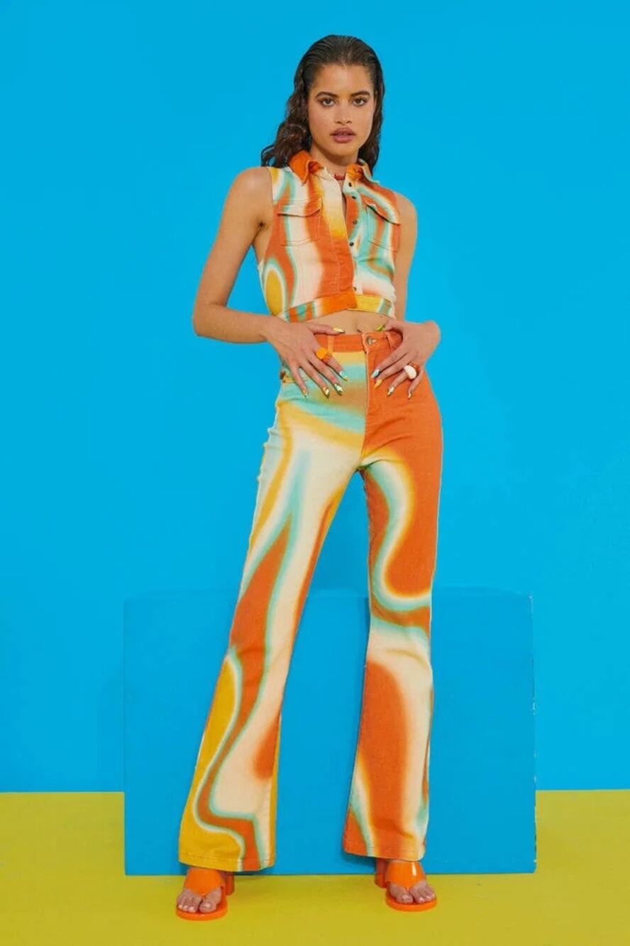 Jaded London Orange TieDye Flare Jeans Hippie Western Costume Coachella 25